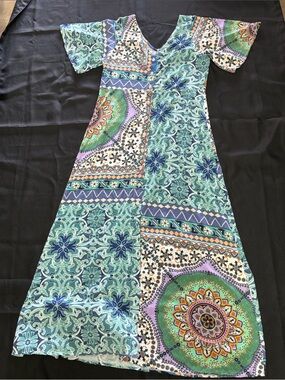 Bohemian Teal & Multi Maxi Dress with V-Neck